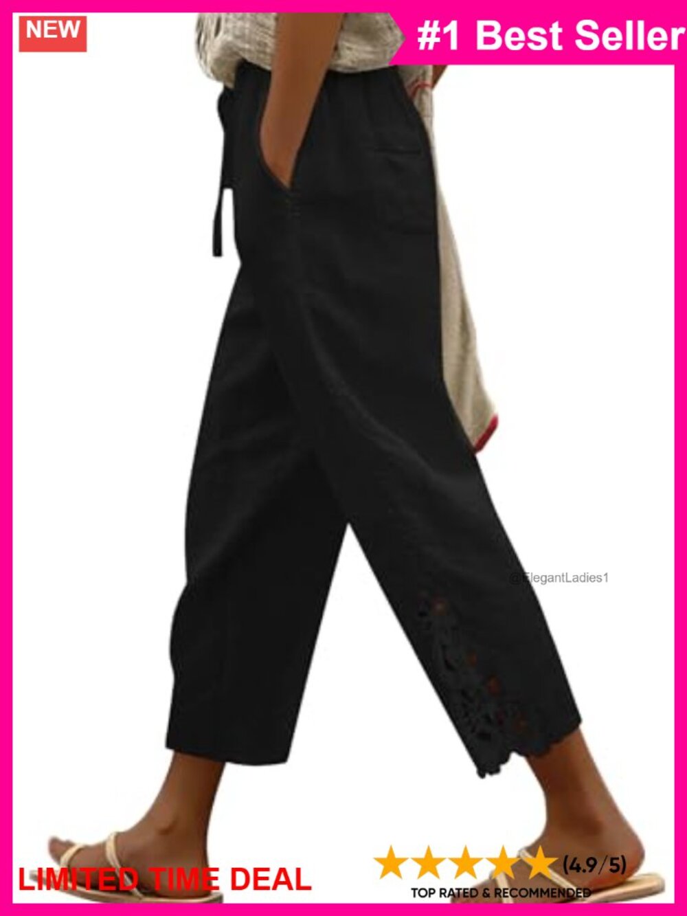 Cotton Linen Drawstring Elastic Waist Lounge Trousers with Pockets
